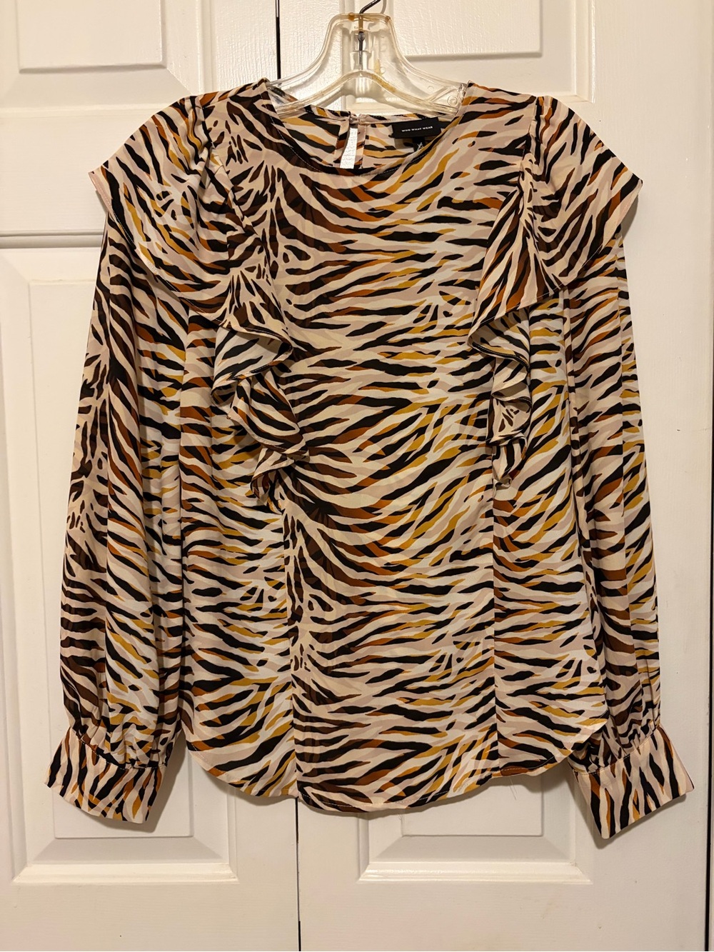 Who What Wear Zebra-Print Ruffle Blouse - Beige, Brown, Yellow